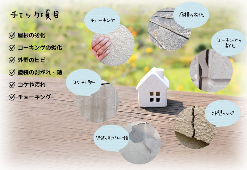 屋根の劣化,コーキングの劣化,外壁のひび,塗装の剥がれ・錆,コケや汚れ,チョーキング